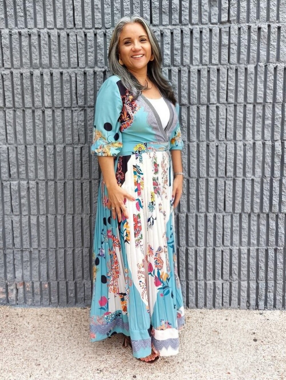 Floral Panel Maxi Skirt in Aqua and White - Size S